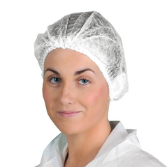 White disposable mob cap. Covers hair and has an elasticated hem.