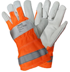 Orange and white rigger gloves with a hi vis strip. Glove is hi vis for extra visibility.
