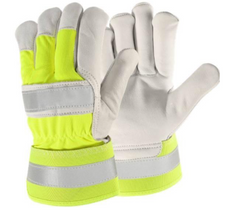 Yellow and white rigger gloves with a hi vis strip. Glove is hi vis for extra visibility.