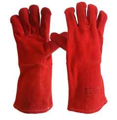 Red leather welders gauntlet. Comes down to the wrist and protects from a welders torch.