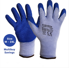 Light blue latex coated NQ LTX gloves. Gloves have blue latex coating and black elasticated wrist.