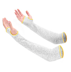 Grey cut resistant sleeves with yellow elasticated seems.