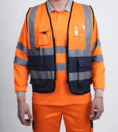 Orange Hi vis executive vest with two tone accents of navy at the bottom of the vest. Two waist bands and shoulder bands. Zip fasten, Front pockets, D loop and Id badge holder.