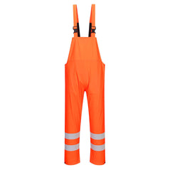Orange Portwest Sealtex Ultra Hi vis Bib and Brace. Bib and brace has yellow braces woth black clips ahi vis bands around the ankles and side pockets.
