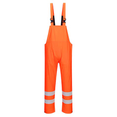 Orange Portwest Sealtex Ultra Hi vis Bib and Brace. Bib and brace has yellow braces woth black clips ahi vis bands around the ankles and side pockets.