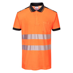 Orange PW3 short sleeve Hi vis polo shirt with black contrast on the collar, shoulders and end of sleeves. Two hi vis bands on the waist and arms as well as on the shoulders.