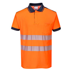 Orange PW3 short sleeve Hi vis polo shirt with Navy contrast on the collar, shoulders and end of sleeves. Two hi vis bands on the waist and arms as well as on the shoulders.