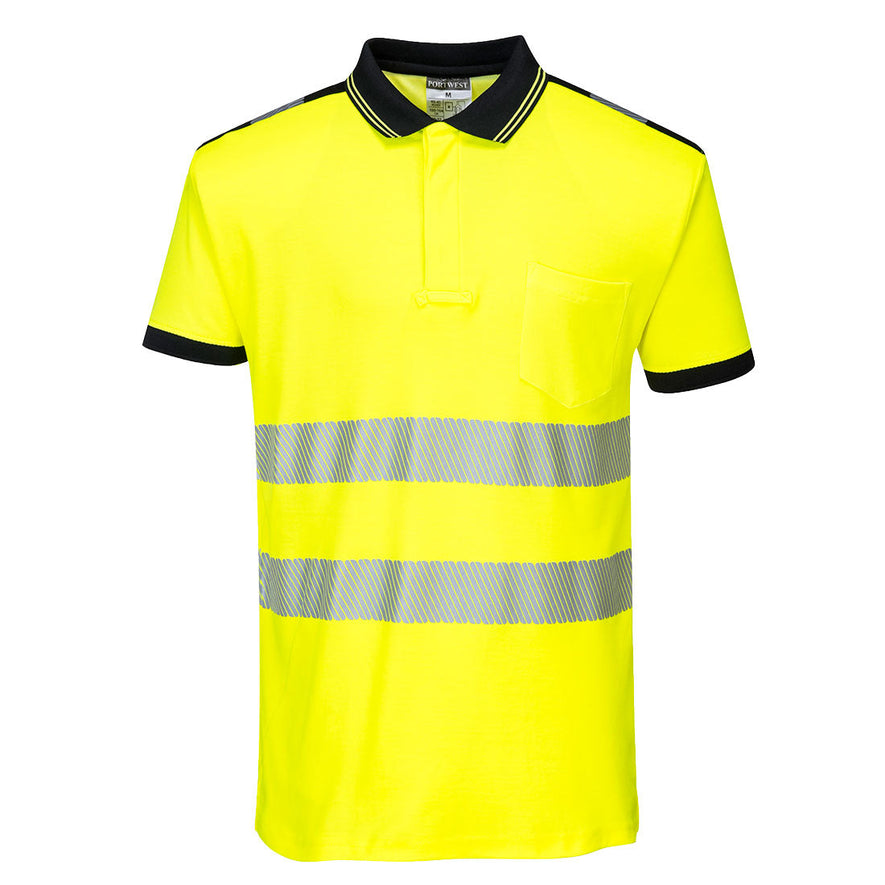 Yellow PW3 short sleeve Hi vis polo shirt with black contrast on the collar, shoulders and end of sleeves. Two hi vis bands on the waist and arms as well as on the shoulders.