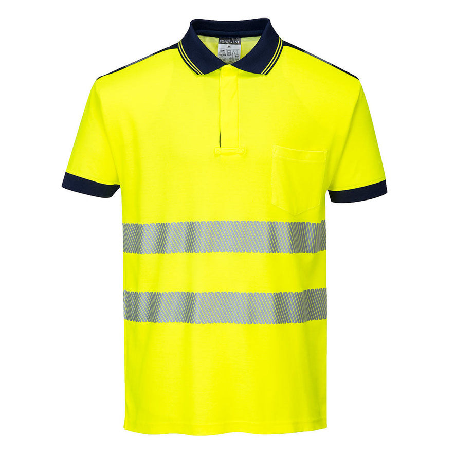Yellow PW3 short sleeve Hi vis polo shirt with Navy contrast on the collar, shoulders and end of sleeves. Two hi vis bands on the waist and arms as well as on the shoulders.