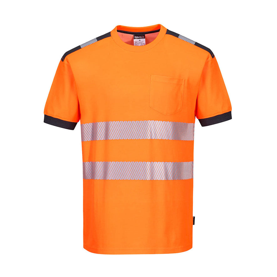 Orange PW3 Hi-Vis T-Shirt S/S with chest pocket and reflective strips and grey trim on shoulder and sleeves