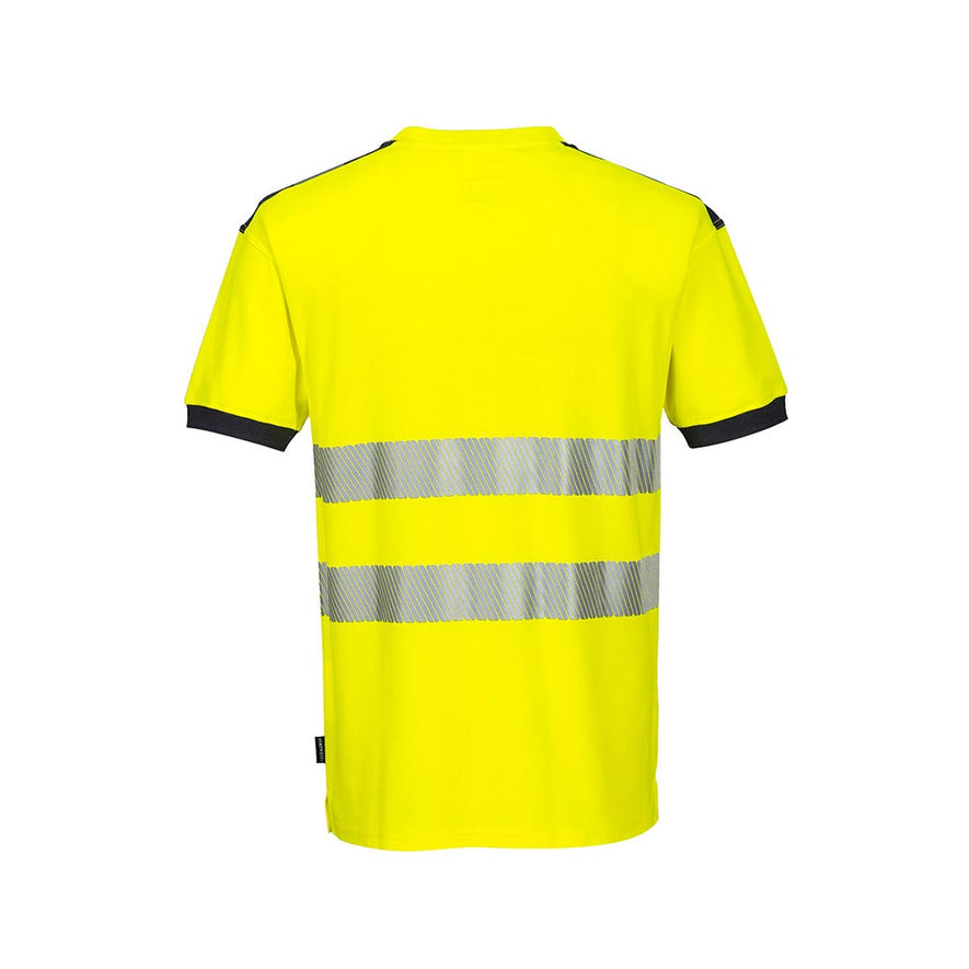 Yellow PW3 Hi-Vis T-Shirt S/S with chest pocket and reflective strips and grey trim on shoulder and sleeves