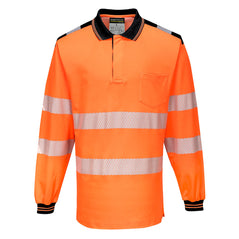Orange PW3 long sleeve Hi vis polo shirt with black contrast on the collar, shoulders and end of sleeves. Two hi vis bands on the waist and arms as well as on the shoulders.