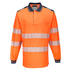 Orange PW3 long sleeve Hi vis polo shirt with navy contrast on the collar, shoulders and end of sleeves. Two hi vis bands on the waist and arms as well as on the shoulders.