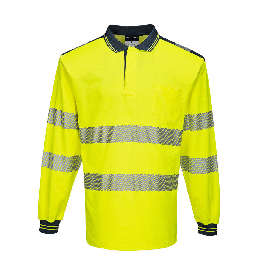 Yellow PW3 long sleeve Hi vis polo shirt with Navy contrast on the collar, shoulders and end of sleeves. Two hi vis bands on the waist and arms as well as on the shoulders.