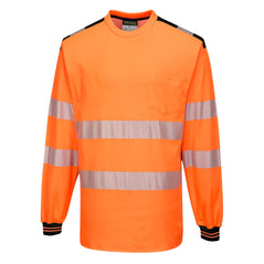 Orange PW3 long sleeve Hi vis t-shirt with black contrast on the shoulders and end of sleeves. Two hi vis bands on the waist and arms as well as on the shoulders. Chest pocket on the left side.