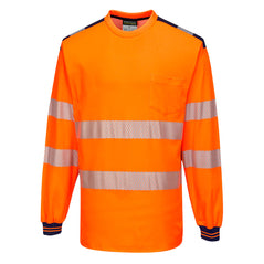 Orange PW3 long sleeve Hi vis t-shirt with Navy contrast on the shoulders and end of sleeves. Two hi vis bands on the waist and arms as well as on the shoulders. Chest pocket on the left side.