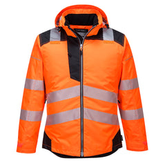 PW3 Hi-Vis hooded winter jacket. Jacket in orange with black contrast on the shoulders bottom of the jacket, chest  and sleeves. Jacket has reflective strips across middle, bottom and shoulders.