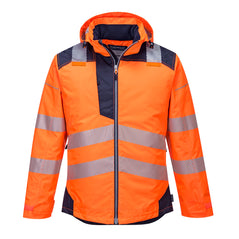 PW3 Hi-Vis hooded winter jacket. Jacket in orange with navy contrast on the shoulders bottom of the jacket, chest  and sleeves. Jacket has reflective strips across middle, bottom and shoulders.
