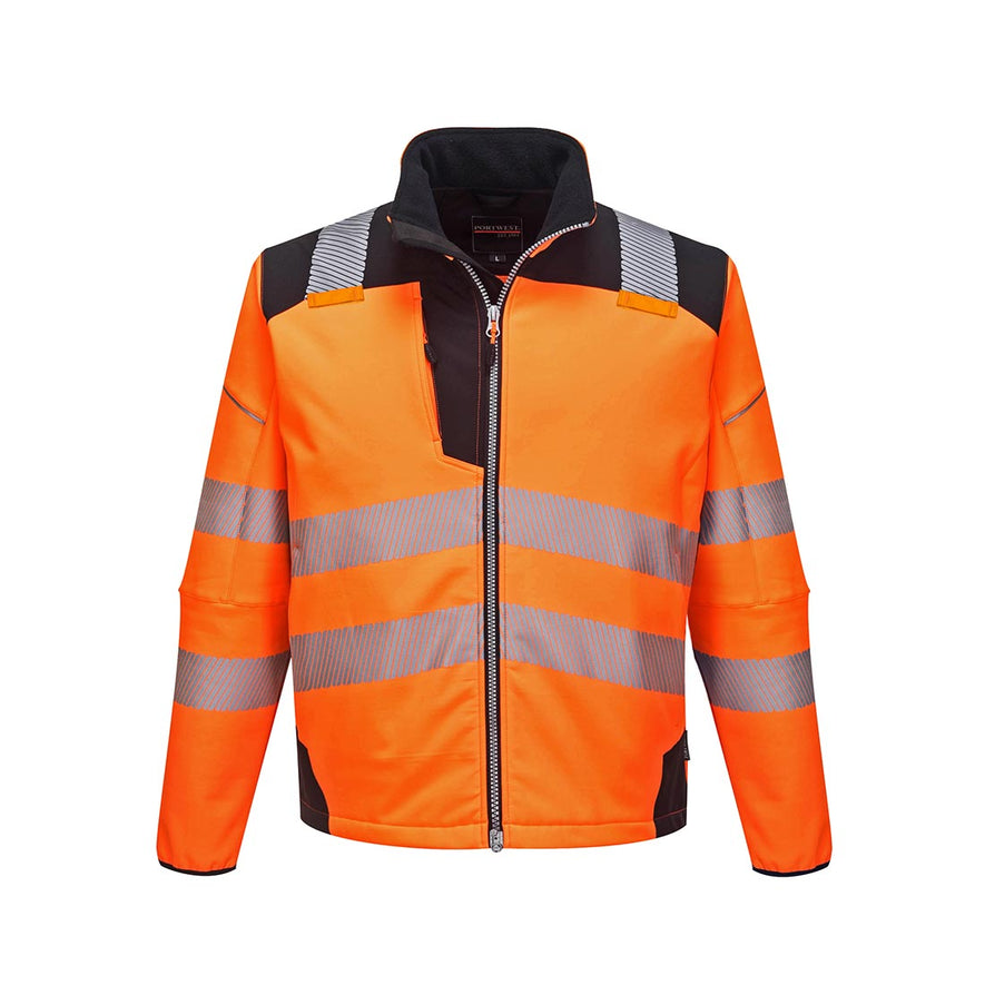 Orange PW3 Hi-Vis Softshell Jacket with black trim on shoulders and reflective strips