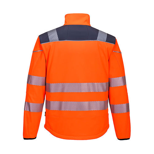 Orange PW3 Hi-Vis Softshell Jacket with grey trim on shoulders and reflective strips