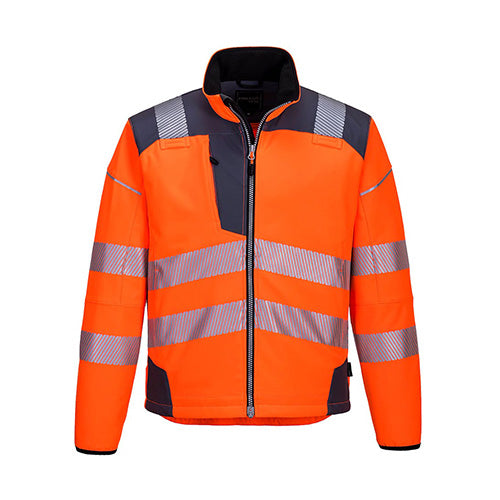 Orange PW3 Hi-Vis Softshell Jacket with grey trim on shoulders and reflective strips
