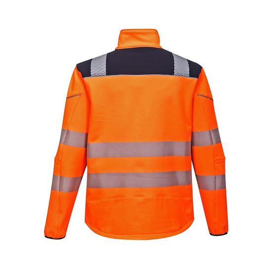 Orange PW3 Hi-Vis Softshell Jacket with navy trim on shoulders and reflective strips