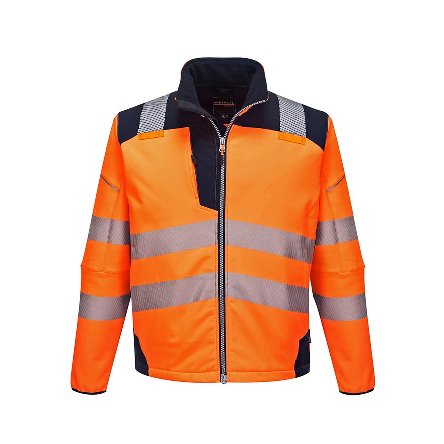 Orange PW3 Hi-Vis Softshell Jacket with navy trim on shoulders and reflective strips
