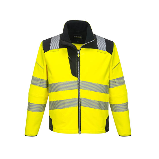 Yellow PW3 Hi-Vis Softshell Jacket with black trim on shoulders and reflective strips