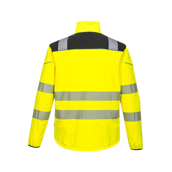 Yellow PW3 Hi-Vis Softshell Jacket with black trim on shoulders and reflective strips