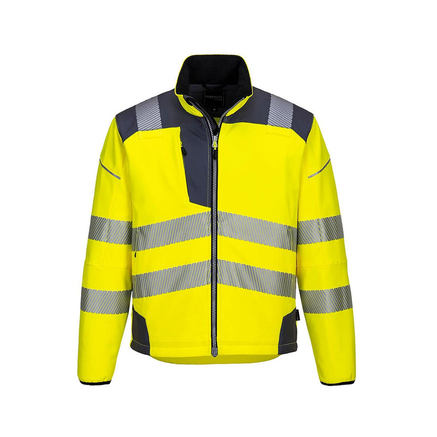 Yellow PW3 Hi-Vis Softshell Jacket with grey trim on shoulders and reflective strips