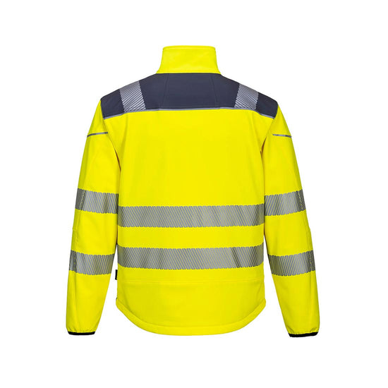 Yellow PW3 Hi-Vis Softshell Jacket with grey trim on shoulders and reflective strips