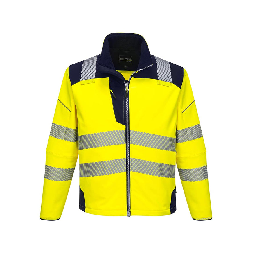 Yellow PW3 Hi-Vis Softshell Jacket with navy trim on shoulders and reflective strips
