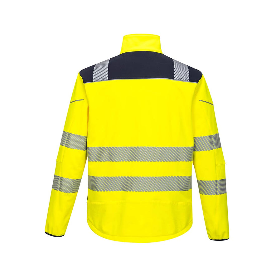 Yellow PW3 Hi-Vis Softshell Jacket with navy trim on shoulders and reflective strips