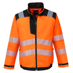 PW3 Hi-Vis Work jacket. Jacket in orange with black contrast on the shoulders bottom of the jacket and sleeves. Jacket has reflective strips across middle, bottom and shoulders.