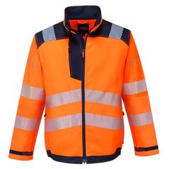 PW3 Hi-Vis Work jacket. Jacket in orange with navy contrast on the shoulders bottom of the jacket and sleeves. Jacket has reflective strips across middle, bottom and shoulders.