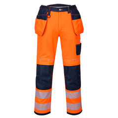 PW3 Hi-Vis Holster trousers in Orange with Navy contrast on the belt and pocket area as well as the kneepad pocket area. Trousers have pockets, belt loops, knee pad pockets and holster style pockets. Trousers have hi vis bands on the ankles.