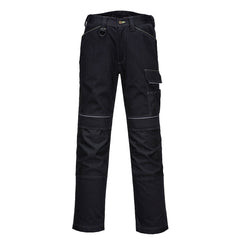 Black Portwest PW3 Work Trouser. Trousers have cargo pockets with a d loop and white stitching. Trousers also have knee pad pockets.