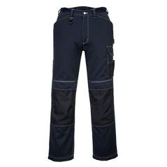 Navy Portwest PW3 Work Trouser. Trousers have cargo pockets with a d loop and white stitching. Trousers also have knee pad pockets. Trousers have black contrast on the knee pads.