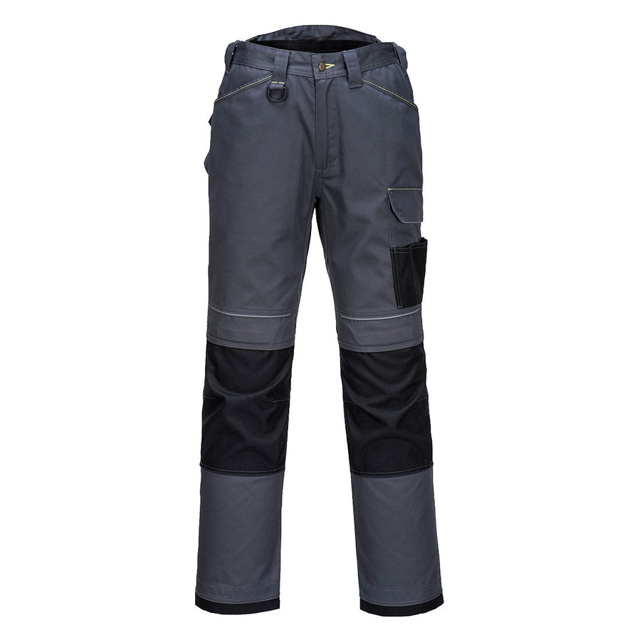 Zoom Grey Portwest PW3 Work Trouser. Trousers have cargo pockets with a d loop and white stitching. Trousers also have knee pad pockets. Trousers have black contrast on the knee pads.