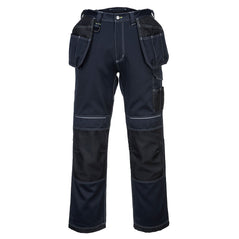 Navy Portwest PW3 Holster work Trouser. Trousers have holster pockets with a d loop and yellow stitching. Trousers also have knee pad pockets. Trousers have black contrast on the kneepad pockets.