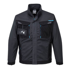 Metal grey Portwest WX3 Work Jacket. Jacket has a ID badge holder, black chest pockets, side pockets and zip fasten. Black contrast on the chest and along the sides.
