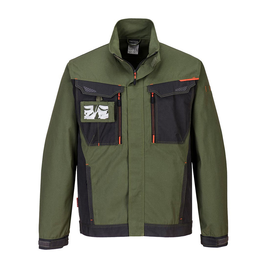 Olive Green Portwest WX3 Work Jacket. Jacket has a ID badge holder, black chest pockets, side pockets and zip fasten. Black contrast on the chest and along the sides.