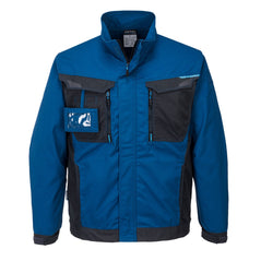 Persian Blue Portwest WX3 Work Jacket. Jacket has a ID badge holder, black chest pockets, side pockets and zip fasten. Black contrast on the chest and along the sides.