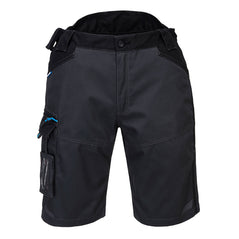 Metal Grey portwest WX3 shorts. Shorts have cargo pockets with an ID badge holder. Black waistline and blue WX3 branded zip areas.