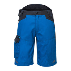 Persian Blue portwest WX3 shorts. Shorts have cargo pockets with an ID badge holder. grey waistline and blue WX3 branded zip areas.