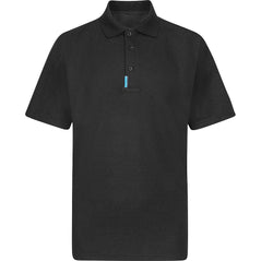 Black portwest WX3 polo shirt. Shirt has button fasten and blue WX3 branding on the button area.