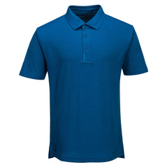 Persian Blue portwest WX3 polo shirt. Shirt has button fasten and blue WX3 branding on the button area.