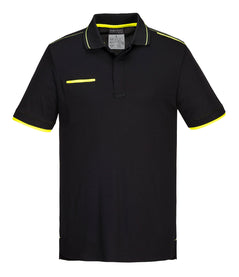 Portwest WX3 Eco Polo Shirt in black with yellow hems on sleeves, collar and shoulders. Collar with 3 button placket with concealing flap.