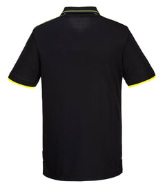 Back of Portwest WX3 Eco Polo Shirt in black with yellow hems on sleeves, collar and shoulders. 