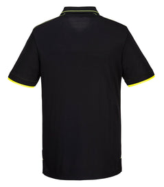 Back of Portwest WX3 Eco Polo Shirt in black with yellow hems on sleeves, collar and shoulders.